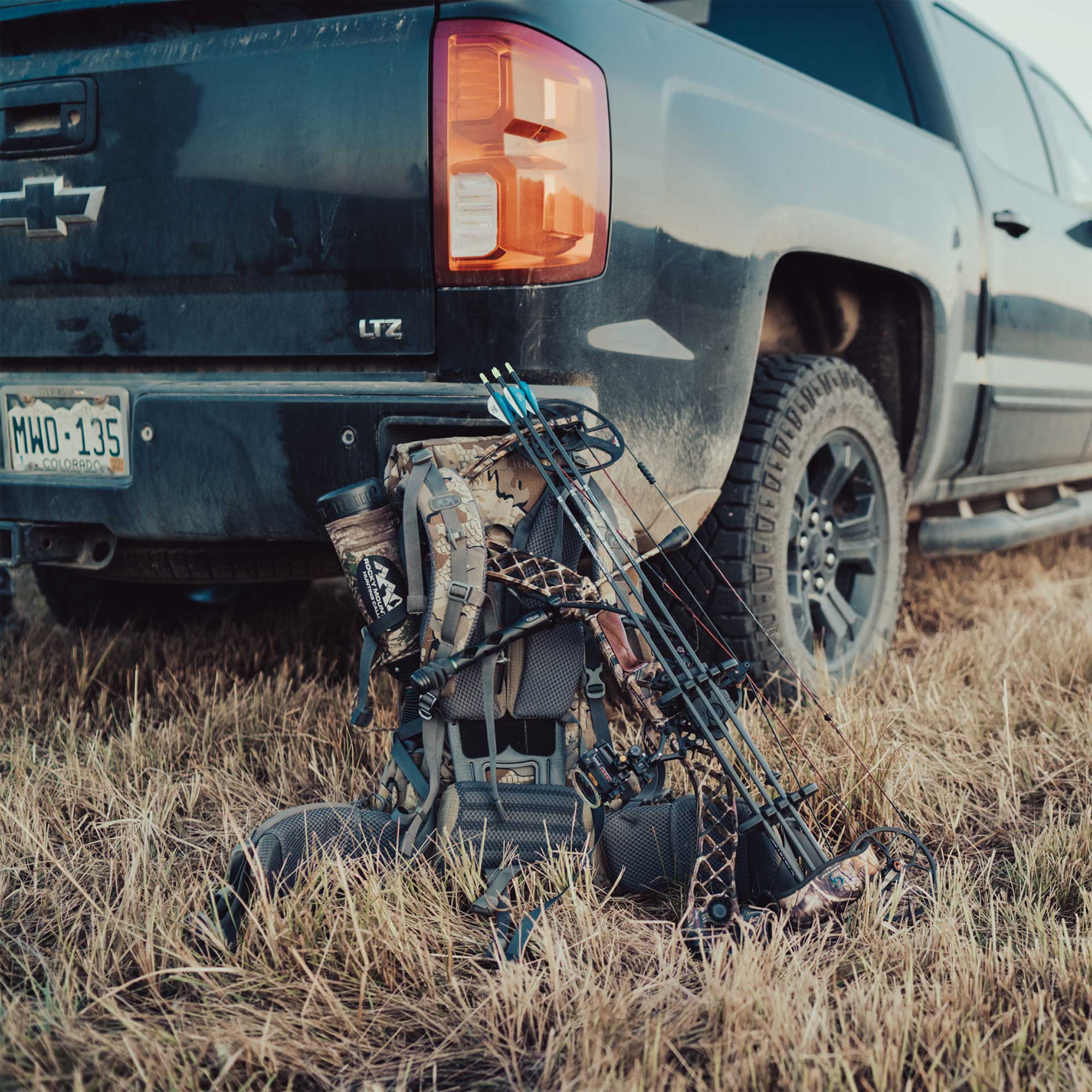 A daypack and crossbow await the hunter